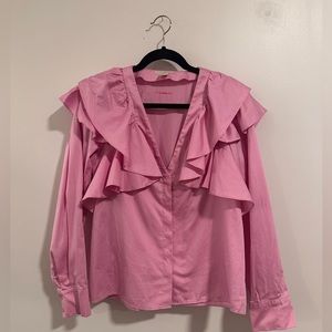 H&M pink Barbiecore long sleeve ruffle accent button up blouse